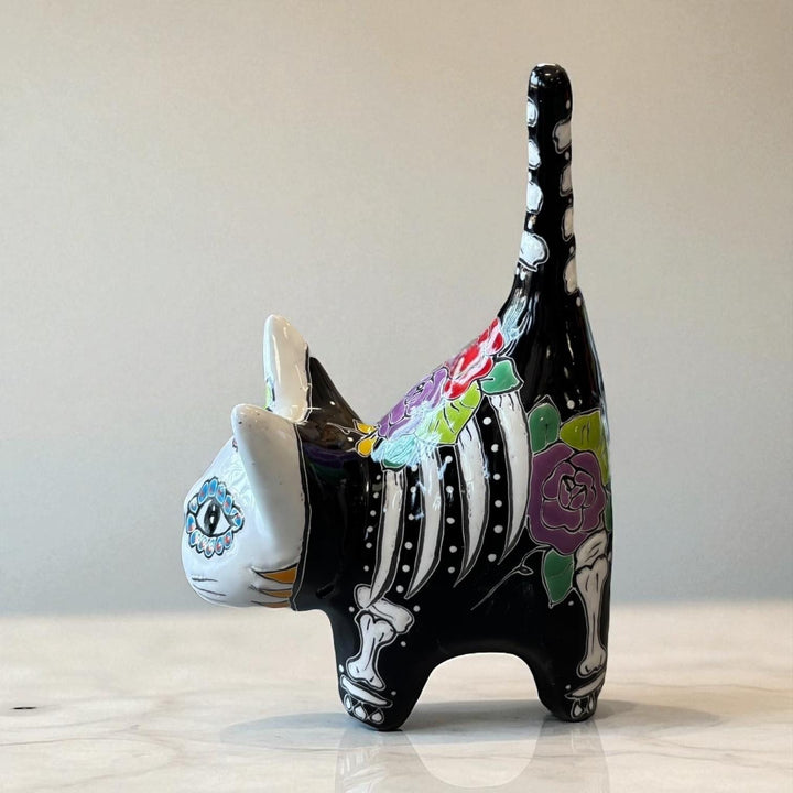 Cute Day of the Dead Hand Painted Talavera Floral Spooky Skeleton Cat Figure (Varying Design)