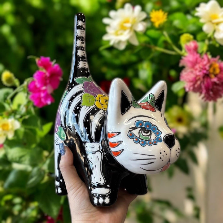 Cute Day of the Dead Hand Painted Talavera Floral Spooky Skeleton Cat Figure (Varying Design)