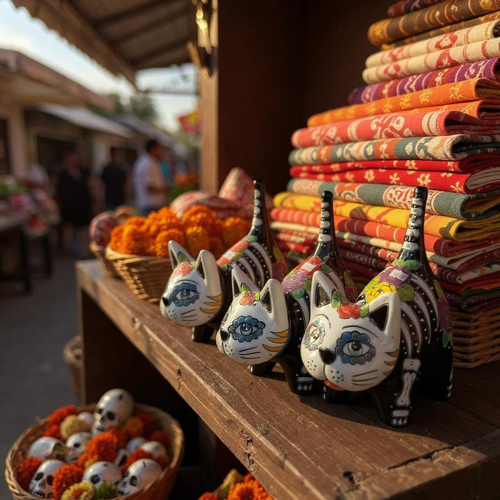 Cute Day of the Dead Hand Painted Talavera Floral Spooky Skeleton Cat Figure (Varying Design)