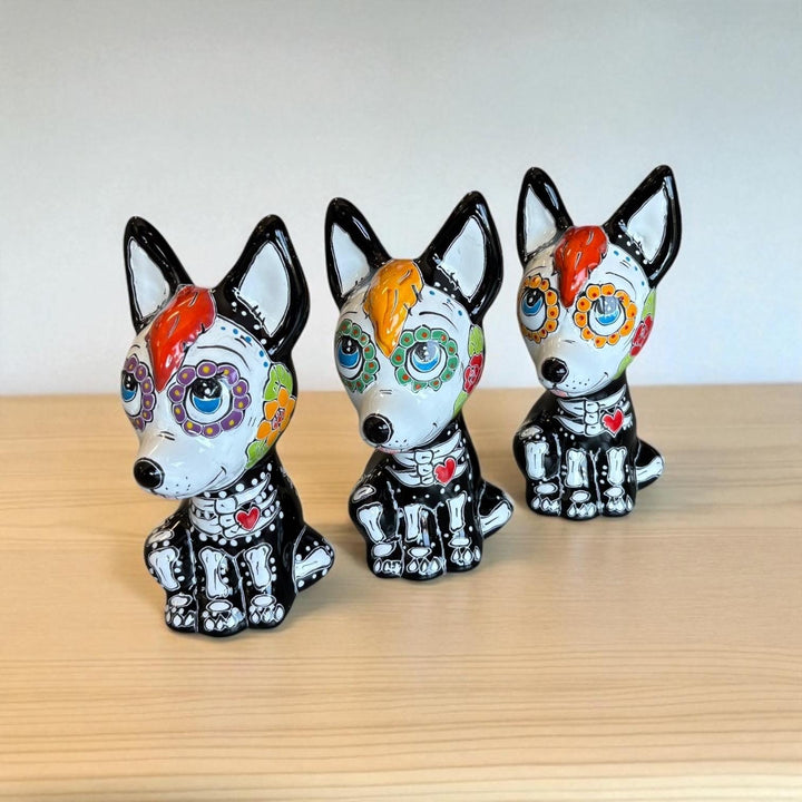 Cute Day of the Dead Hand Painted Talavera Floral Skeleton Xoloitzcuintli “Xolo” Mexican Dog Figure (Varying Design)
