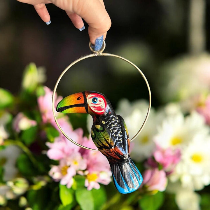 Hand Painted Mini Vibrant Mexican Tropical Bird w/ Metal Frame Hanging Decor – Assorted Designs
