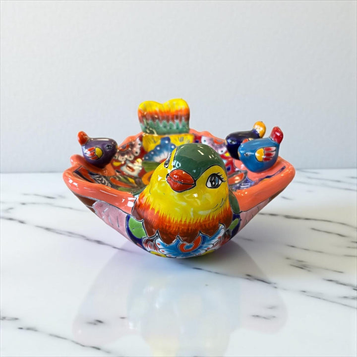 Hand Painted Mexican Talavera Tabletop Yellow Green & Coral Bird Bath
