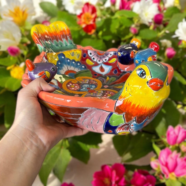 Hand Painted Mexican Talavera Tabletop Yellow Green & Coral Bird Bath