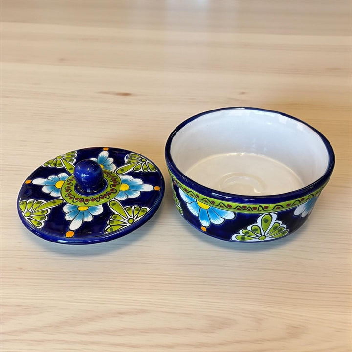 Hand Painted Dark Blue & Green Floral Mexican Talavera Tortilla Warmer “Tortillero”