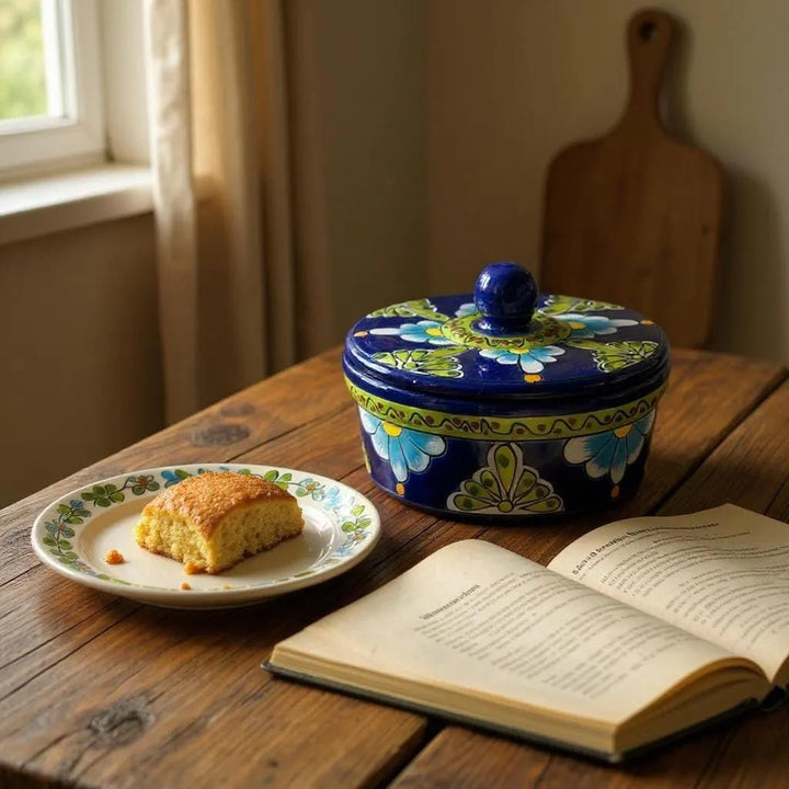Hand Painted Dark Blue & Green Floral Mexican Talavera Tortilla Warmer “Tortillero”