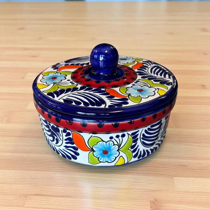 Hand Painted Dark Blue & Red Floral Mexican Talavera Tortilla Warmer “Tortillero”