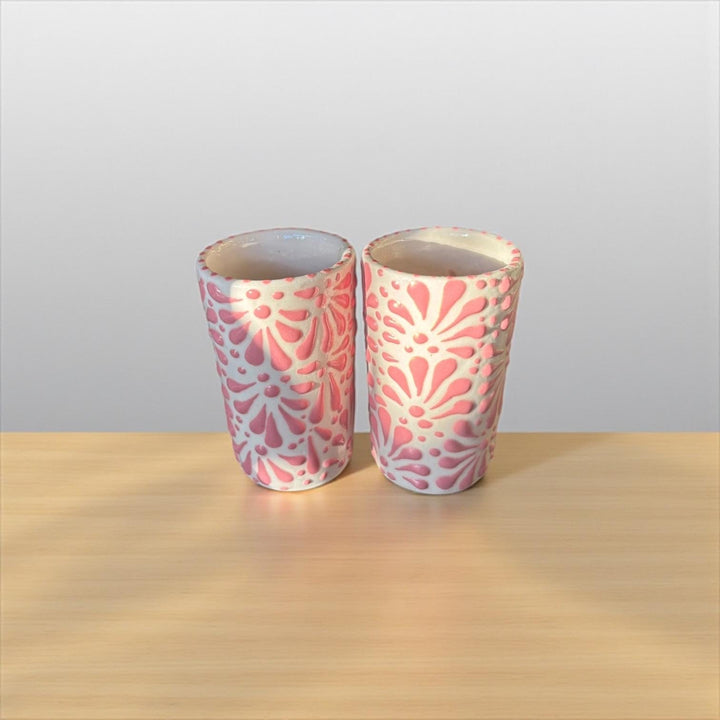 Hand Painted Talavera Ivory and Pink Cielito Lindo Shot Glass “Tequilero” – Assorted Quantities