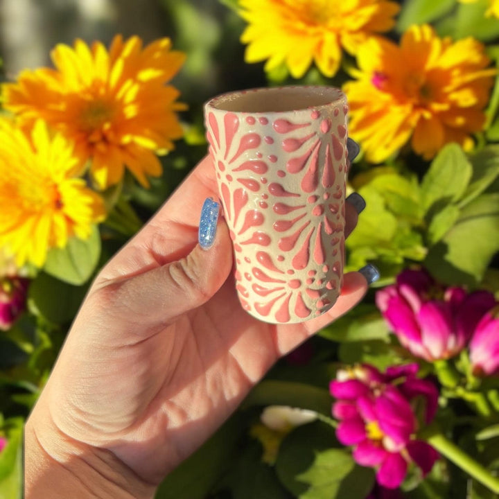 Hand Painted Talavera Ivory and Pink Cielito Lindo Shot Glass “Tequilero” – Assorted Quantities