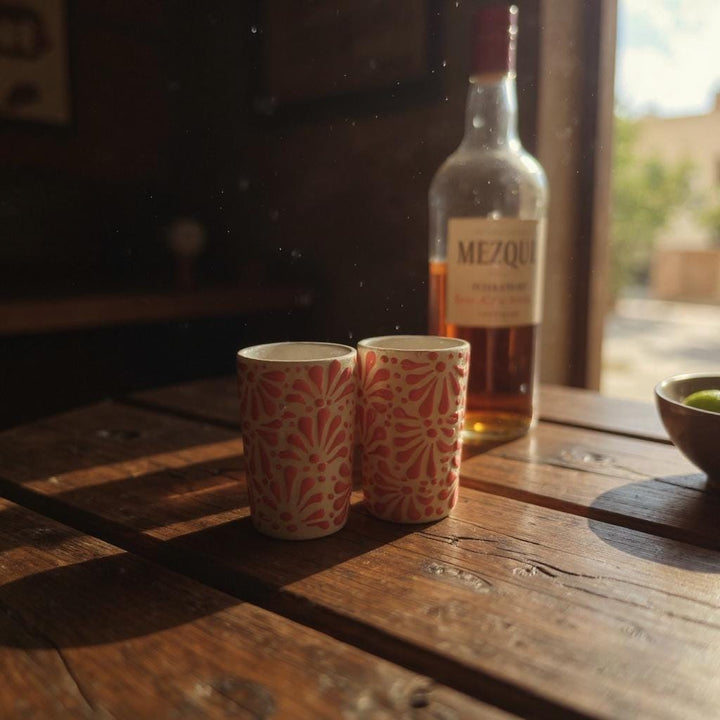 Hand Painted Talavera Ivory and Pink Cielito Lindo Shot Glass “Tequilero” – Assorted Quantities