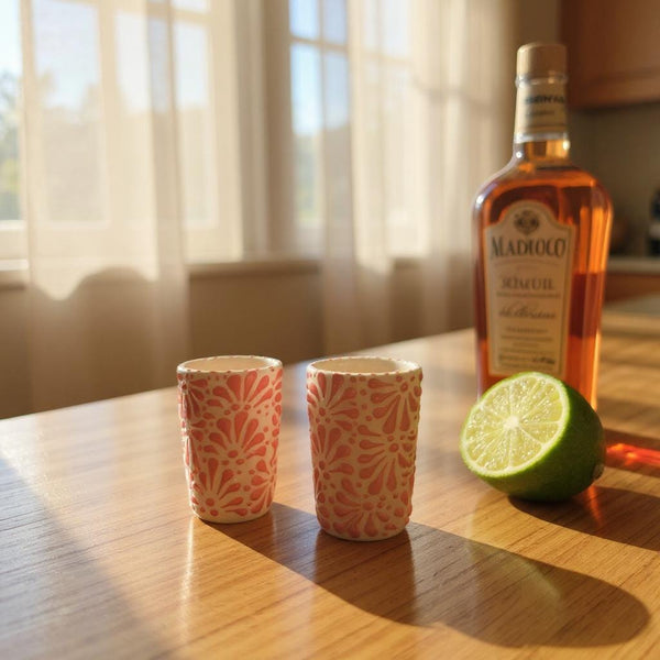 Hand Painted Talavera Ivory and Pink Cielito Lindo Shot Glass “Tequilero” – Assorted Quantities