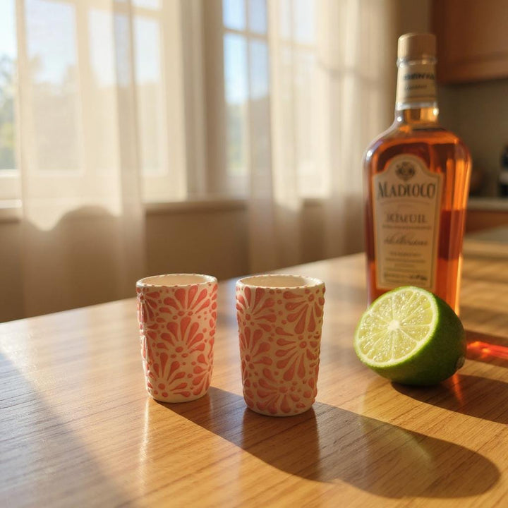 Hand Painted Talavera Ivory and Pink Cielito Lindo Shot Glass “Tequilero” – Assorted Quantities