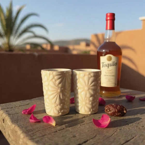 Hand Painted Talavera Ivory and White Cielito Lindo Shot Glass “Tequilero” – Assorted Quantities