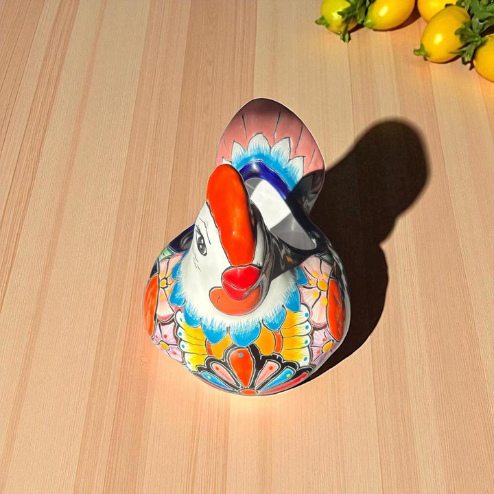 Beautiful Hand Painted Mexican Talavera Blue & Pink Tail Chicken Hen Planter Pot