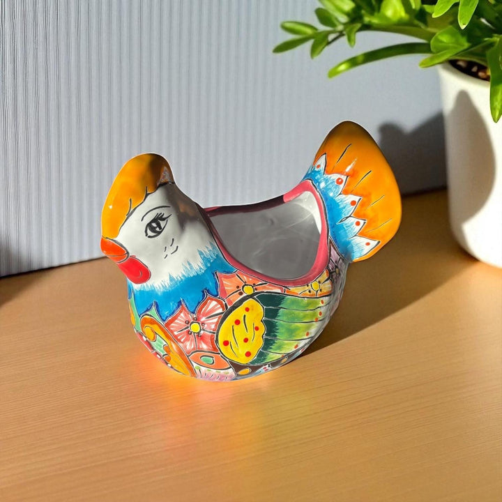 Beautiful Hand Painted Mexican Talavera Blue & Orange Tail Chicken Hen Planter Pot
