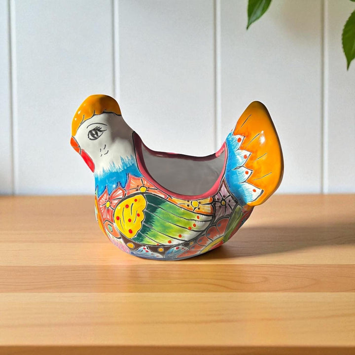 Beautiful Hand Painted Mexican Talavera Blue & Orange Tail Chicken Hen Planter Pot