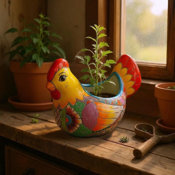 Beautiful Hand Painted Mexican Talavera Orange & Red Tail Chicken Hen Planter Pot