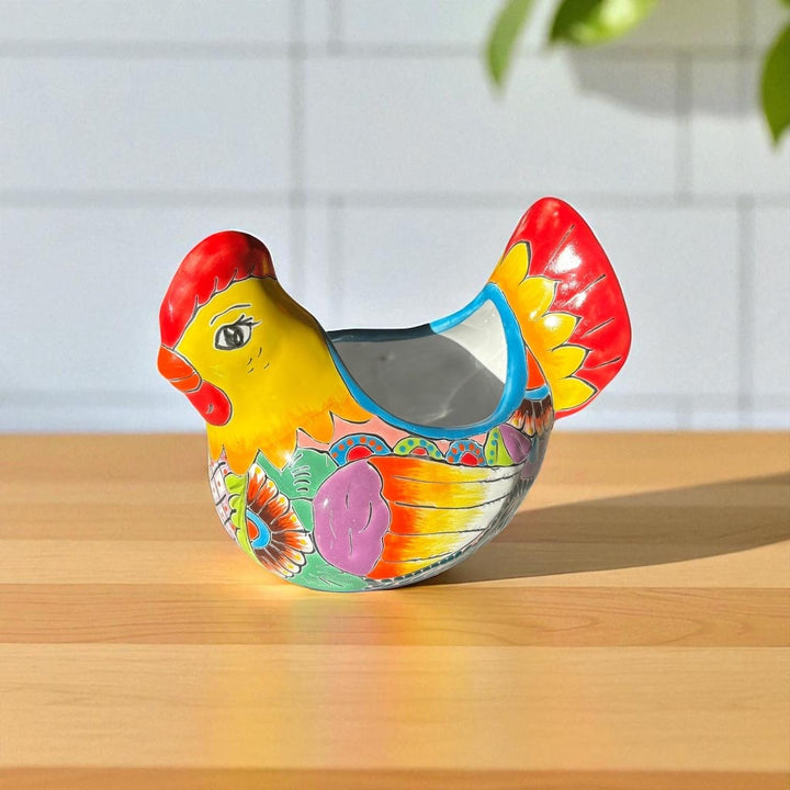 Beautiful Hand Painted Mexican Talavera Orange & Red Tail Chicken Hen Planter Pot
