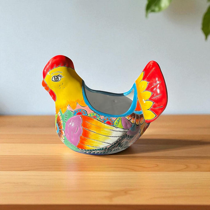 Beautiful Hand Painted Mexican Talavera Orange & Red Tail Chicken Hen Planter Pot