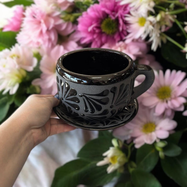 Hand Painted Mexican Black Clay and Black Mug with Saucer (Cielito Lindo Inspired)