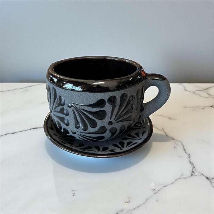 Hand Painted Mexican Black Clay and Black Mug with Saucer (Cielito Lindo Inspired)