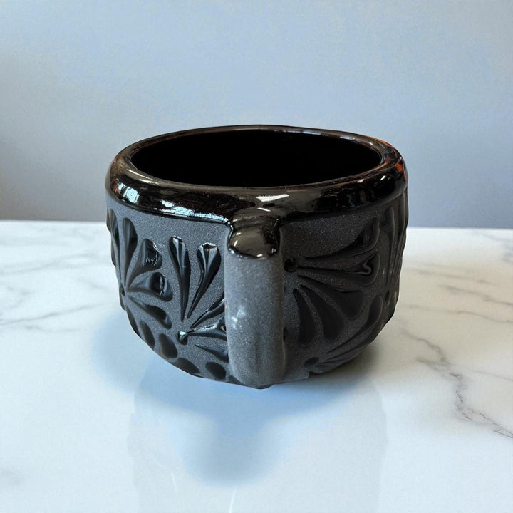 Hand Painted Mexican Black Clay and Black Mug with Saucer (Cielito Lindo Inspired)