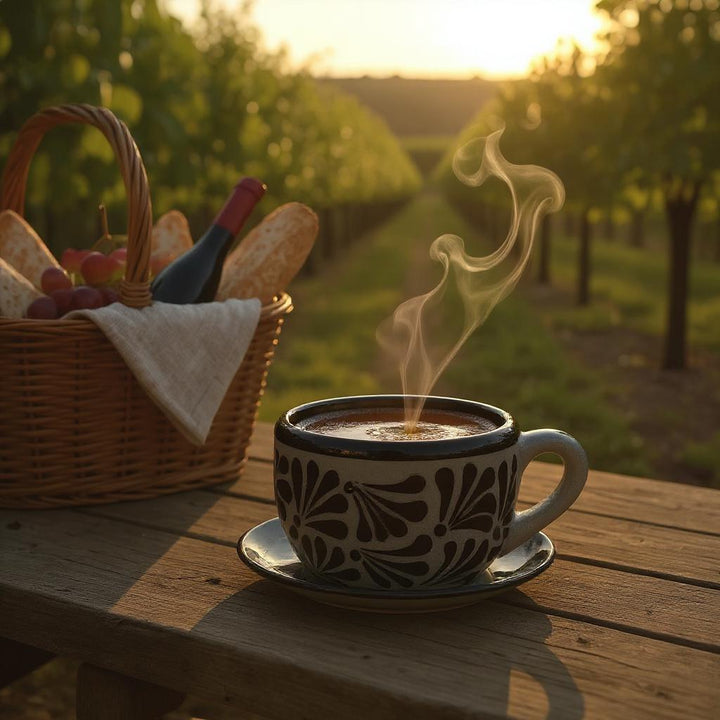 Hand Painted Mexican Black Clay and Black Mug with Saucer (Cielito Lindo Inspired)