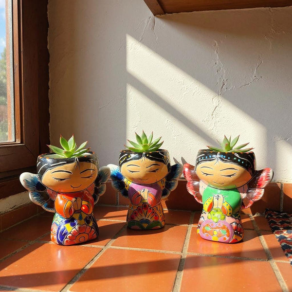 Cute Hand Painted Talavera Little Kneeling Praying Angel Mini Planter Pot (Varying Design)