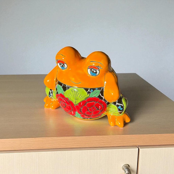 Cute Hand Painted Small Orange Rose Talavera Frog Planter Pot