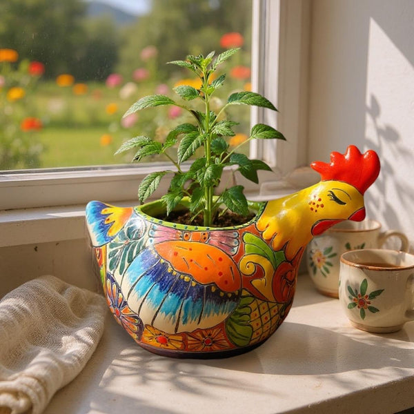 Beautiful Hand Painted Mexican Talavera Sleeping Yellow Chicken Hen Planter Pot