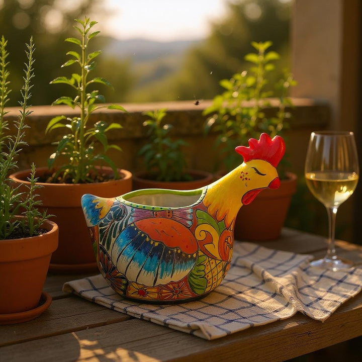 Beautiful Hand Painted Mexican Talavera Sleeping Yellow Chicken Hen Planter Pot