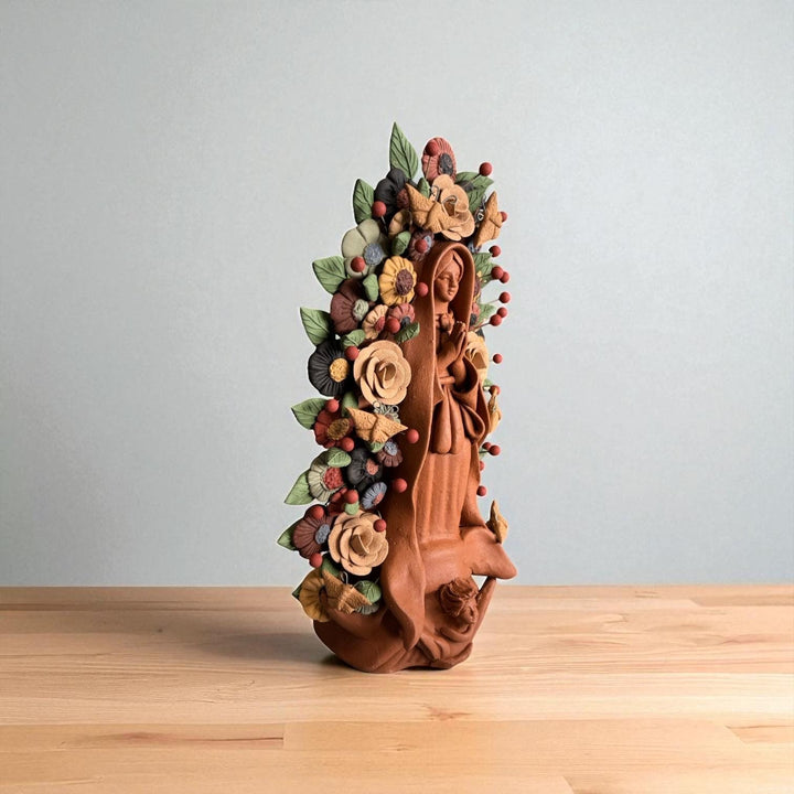 Handmade Small Brown Clay & MultiColor Rustic Mexican Folkart Virgin Mary “Virgen de Guadalupe” (Virgencita de Barro)