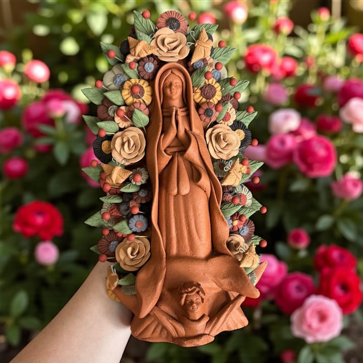 Handmade Small Brown Clay & MultiColor Rustic Mexican Folkart Virgin Mary “Virgen de Guadalupe” (Virgencita de Barro)