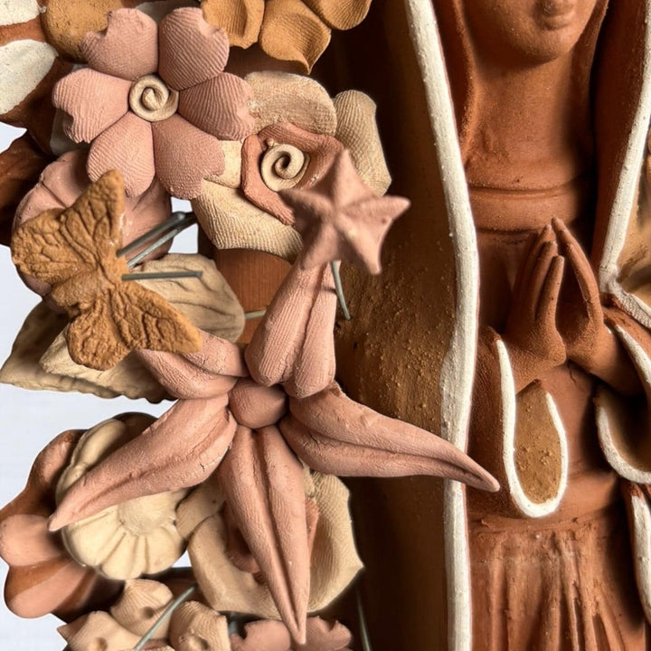 Handmade Medium Natural Brown Clay and Neutrals Rustic Mexican Folkart Virgin Mary “Virgen de Guadalupe” (Virgencita de Barro)