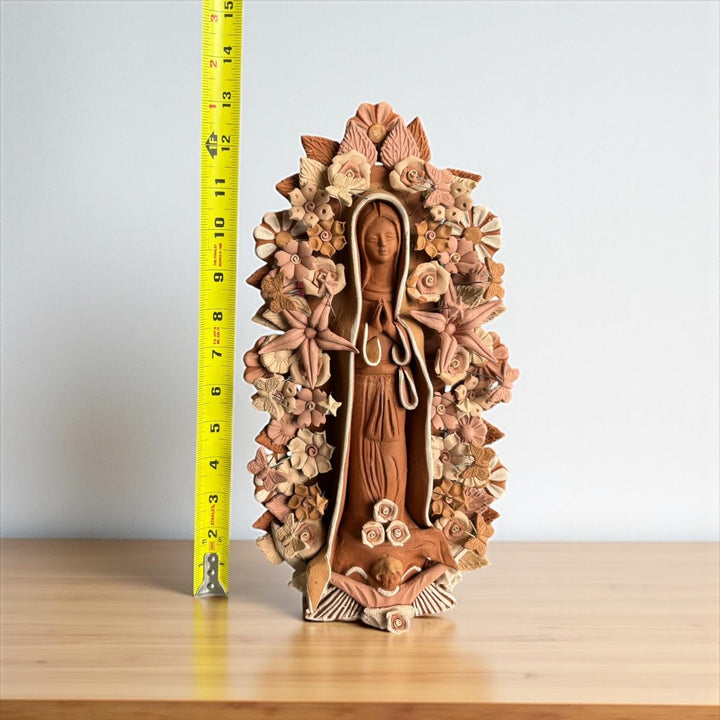 Handmade Medium Natural Brown Clay and Neutrals Rustic Mexican Folkart Virgin Mary “Virgen de Guadalupe” (Virgencita de Barro)