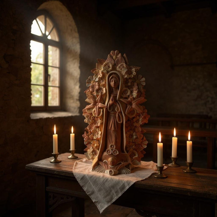Handmade Medium Natural Brown Clay and Neutrals Rustic Mexican Folkart Virgin Mary “Virgen de Guadalupe” (Virgencita de Barro)