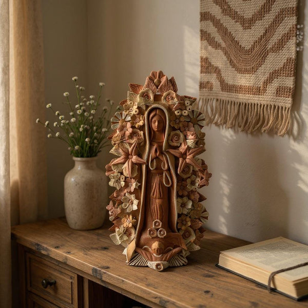 Handmade Medium Natural Brown Clay and Neutrals Rustic Mexican Folkart Virgin Mary “Virgen de Guadalupe” (Virgencita de Barro)