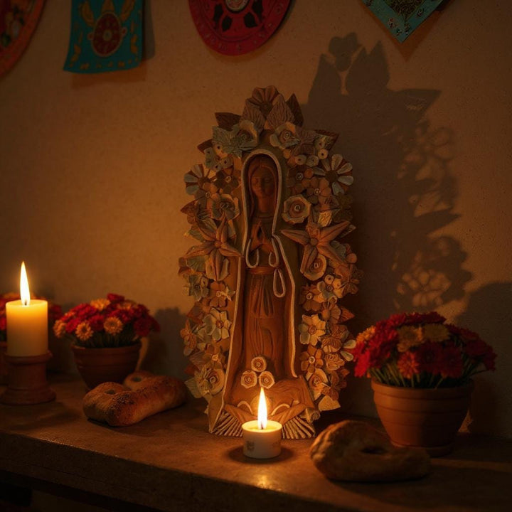Handmade Medium Natural Brown Clay and Neutrals Rustic Mexican Folkart Virgin Mary “Virgen de Guadalupe” (Virgencita de Barro)