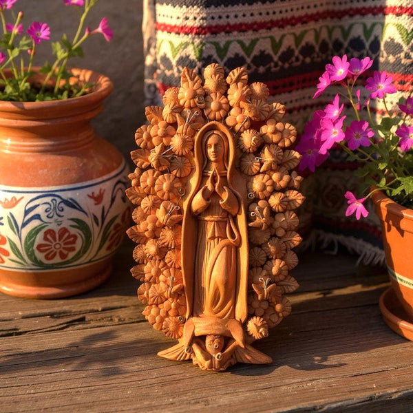 Handmade Small Natural Brown Clay Rustic Mexican Folkart Virgin Mary “Virgen de Guadalupe” (Virgencita de Barro)