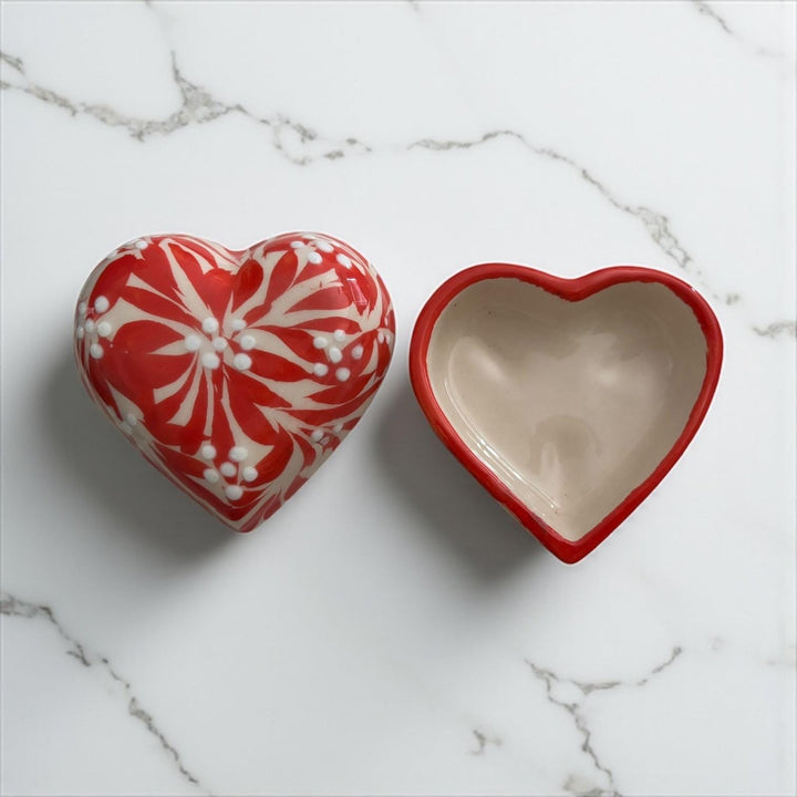 Hand Painted Ivory and Red Talavera Heart Jewelry Trinket Box