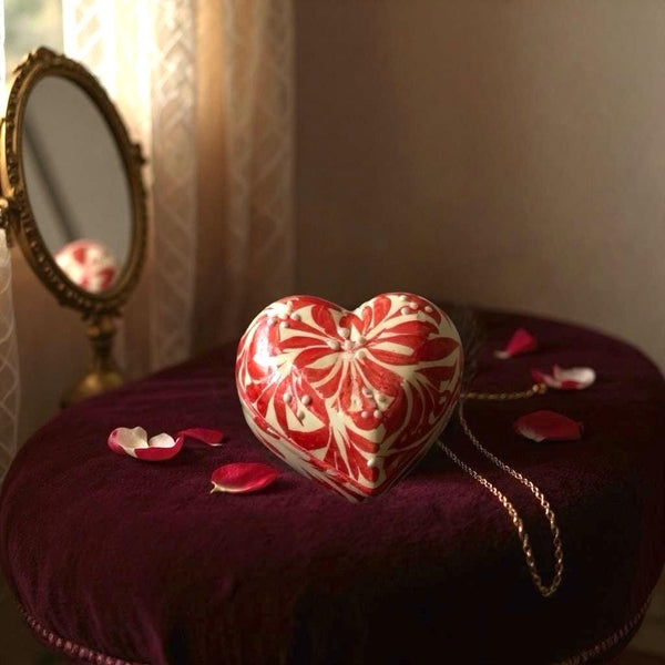 Hand Painted Ivory and Red Talavera Heart Jewelry Trinket Box