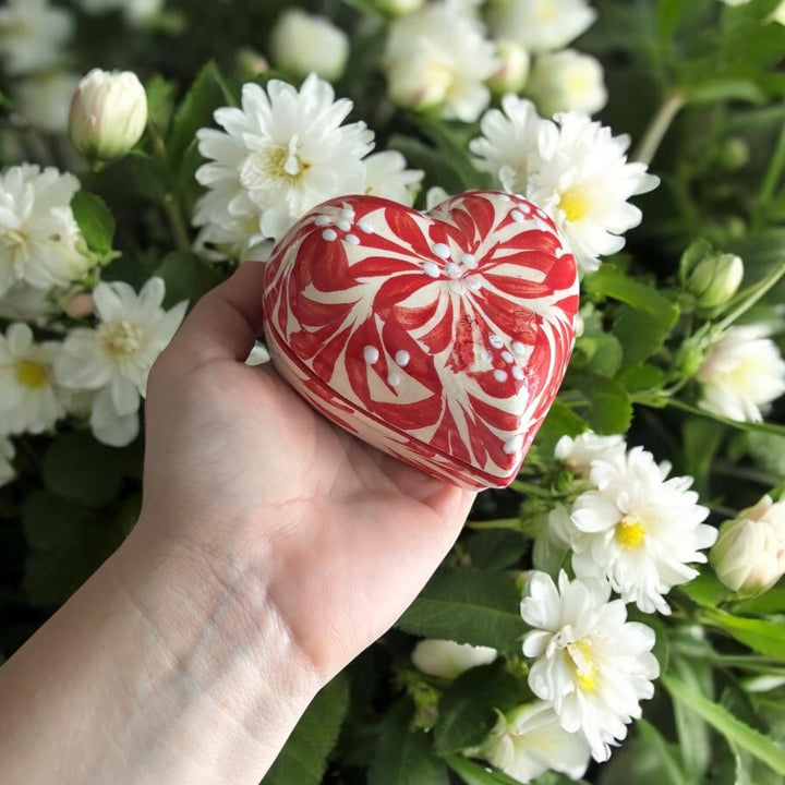 Hand Painted Ivory and Red Talavera Heart Jewelry Trinket Box