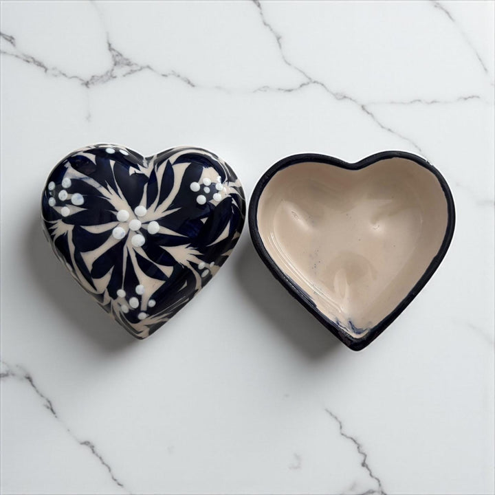 Hand Painted Ivory and Dark Blue Talavera Heart Jewelry Trinket Box