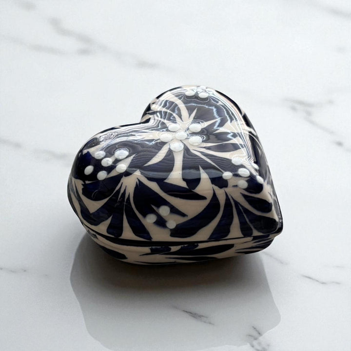 Hand Painted Ivory and Dark Blue Talavera Heart Jewelry Trinket Box