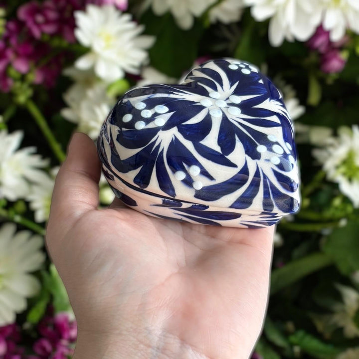 Hand Painted Ivory and Dark Blue Talavera Heart Jewelry Trinket Box