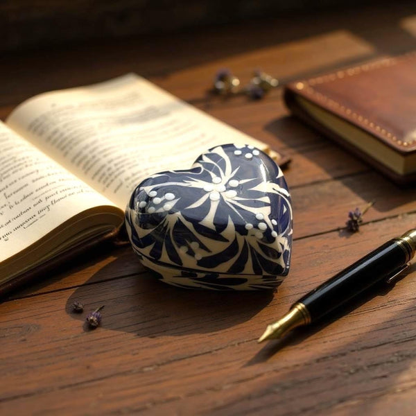 Hand Painted Ivory and Dark Blue Talavera Heart Jewelry Trinket Box