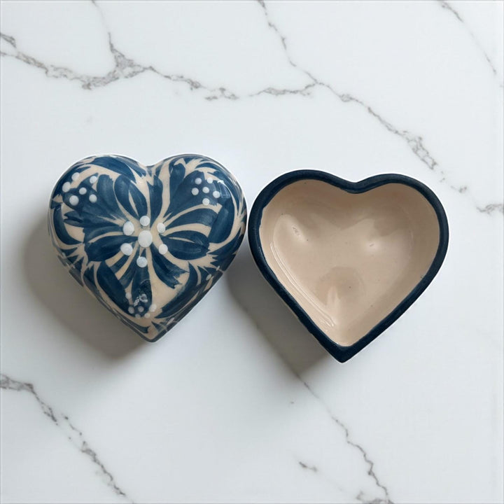 Hand Painted Ivory and Light Blue Talavera Heart Jewelry Trinket Box