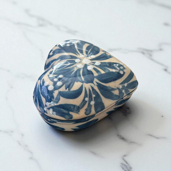 Hand Painted Ivory and Light Blue Talavera Heart Jewelry Trinket Box