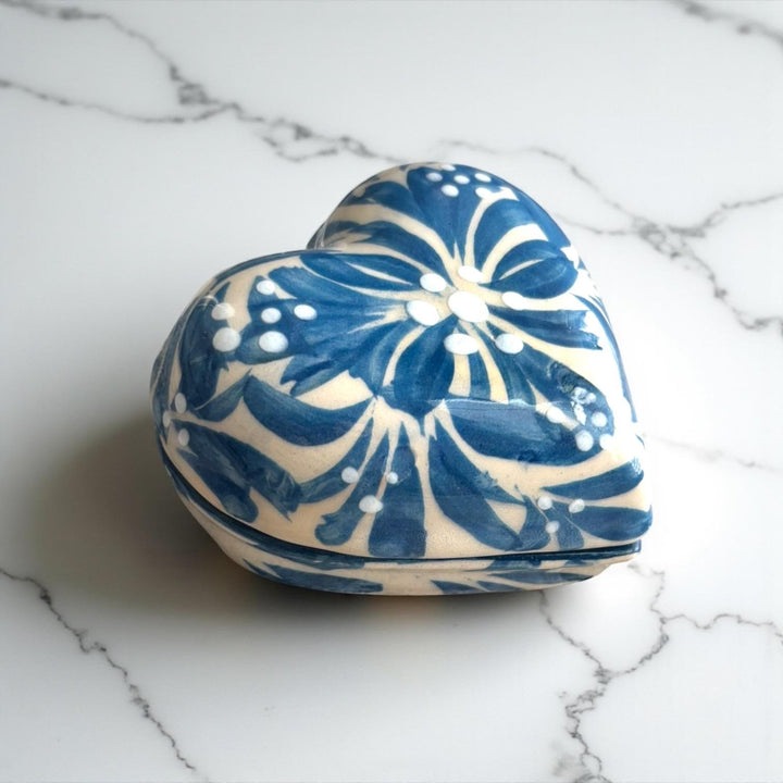 Hand Painted Ivory and Light Blue Talavera Heart Jewelry Trinket Box