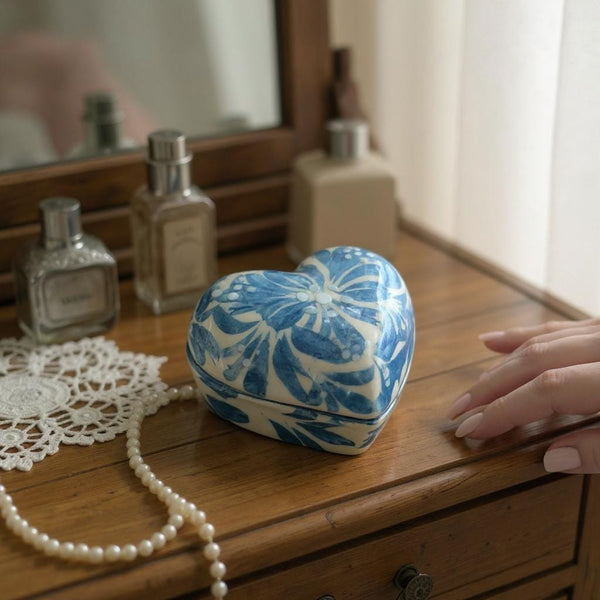 Hand Painted Ivory and Light Blue Talavera Heart Jewelry Trinket Box