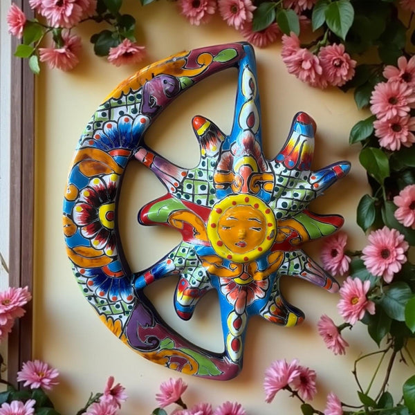 Beautiful Hand Painted Talavera Rustic Sleeping Sun & Crescent Moon Garden Wall Decor – Assorted Designs